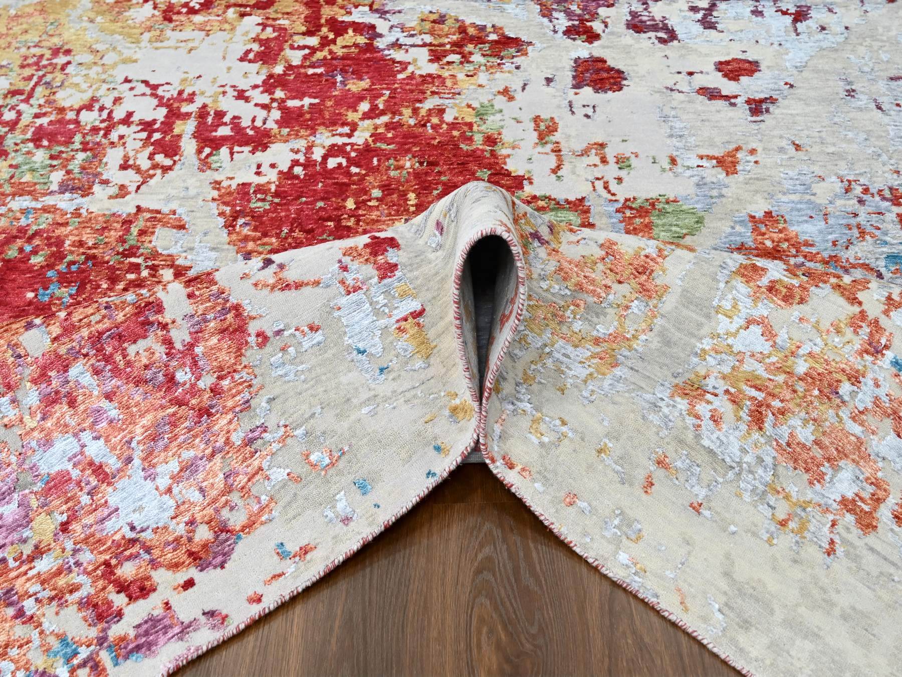 9'1"x12' Imperial Red, Colorful Abstract Design, Wool and Plant Based Silk, Hand Knotted, Nepali Weave, Modern, Oriental Rug HR10271 - Image 5