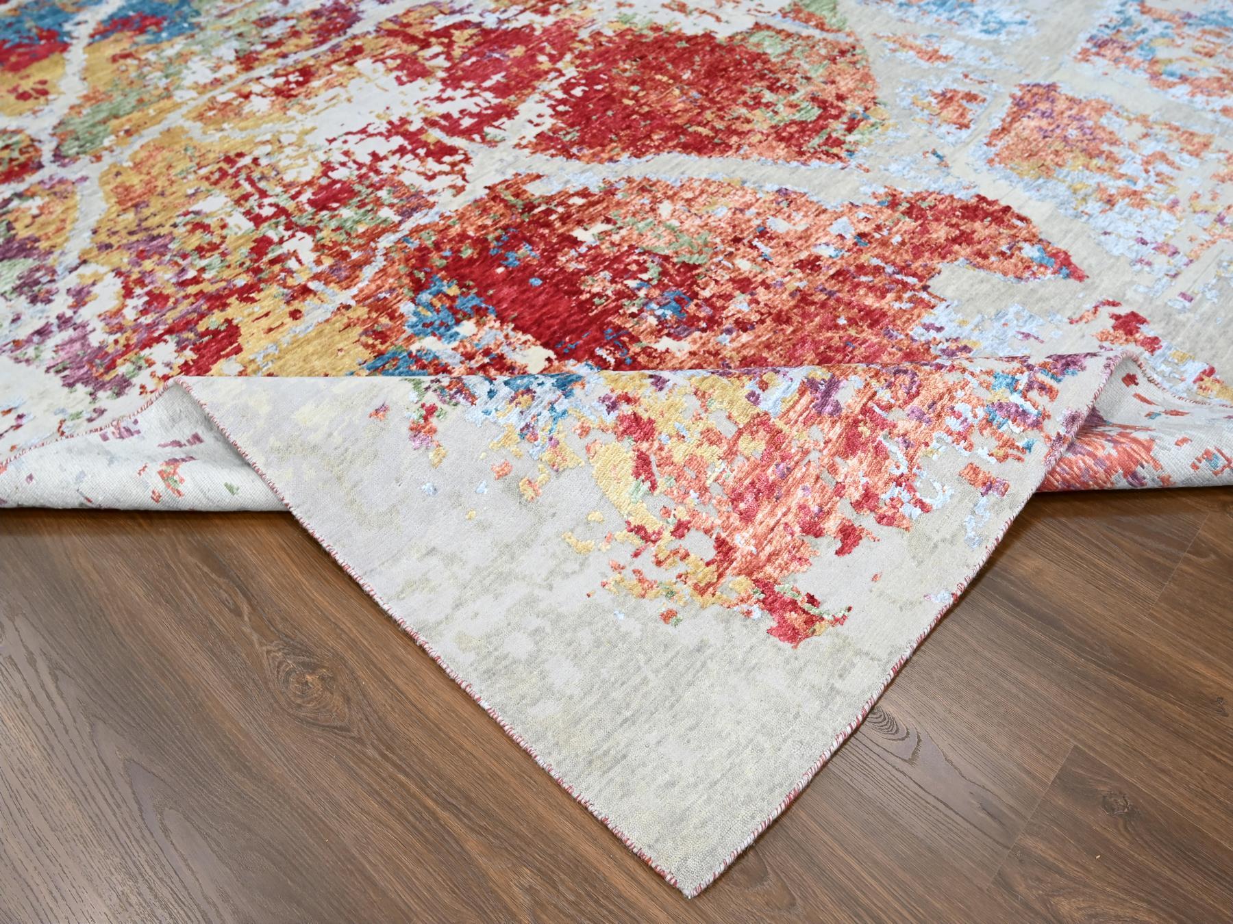 9'1"x12' Imperial Red, Colorful Abstract Design, Wool and Plant Based Silk, Hand Knotted, Nepali Weave, Modern, Oriental Rug HR10271 - Image 6