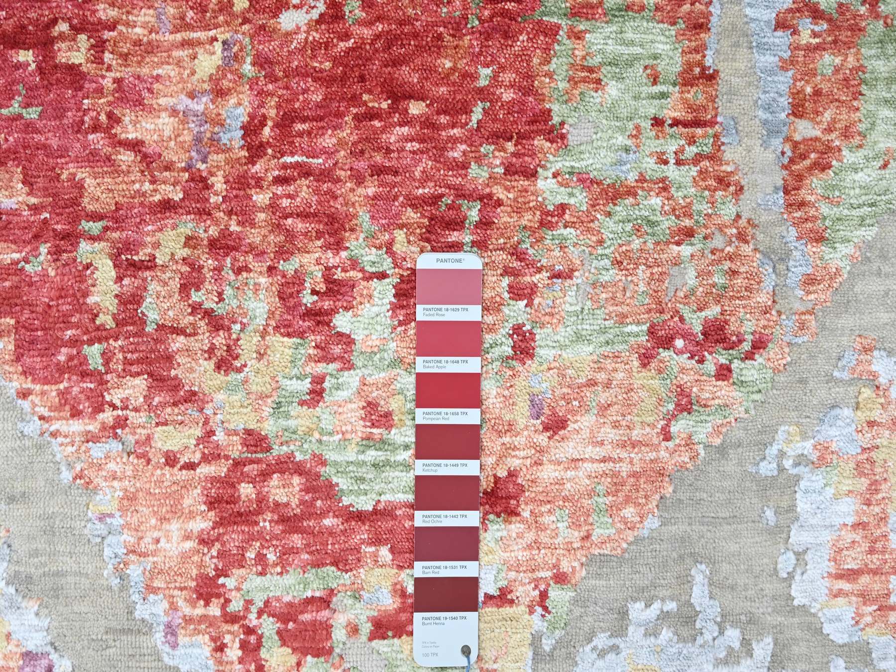 9'1"x12' Imperial Red, Colorful Abstract Design, Wool and Plant Based Silk, Hand Knotted, Nepali Weave, Modern, Oriental Rug HR10271 - Image 7