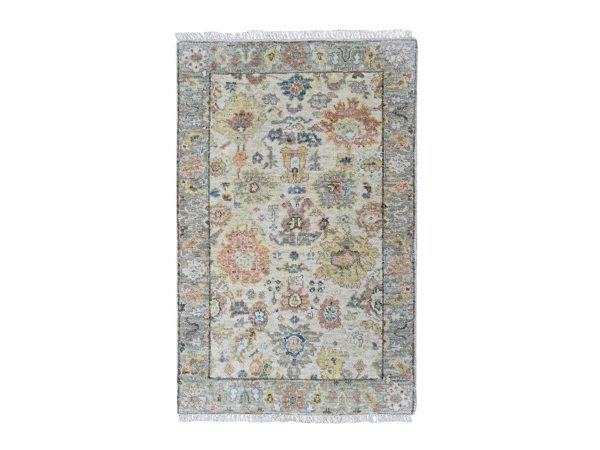 2'x3' Beige, Oushak with All Over Design, Dense Weave, Thick and Plush, Hand Knotted, Pure Wool, Mat, Sample, Oriental Rug HR10363
