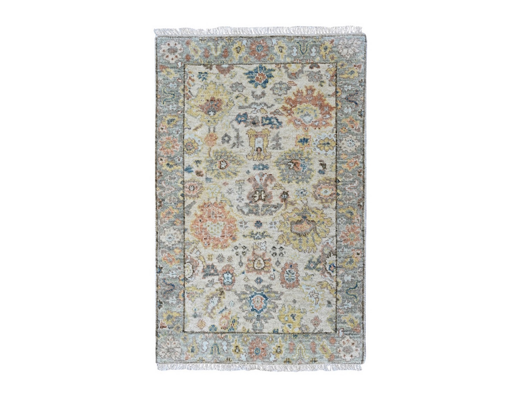 2'x3' Beige, Oushak with All Over Design, Dense Weave, Thick and Plush, Hand Knotted, Pure Wool, Mat, Sample, Oriental Rug HR10363