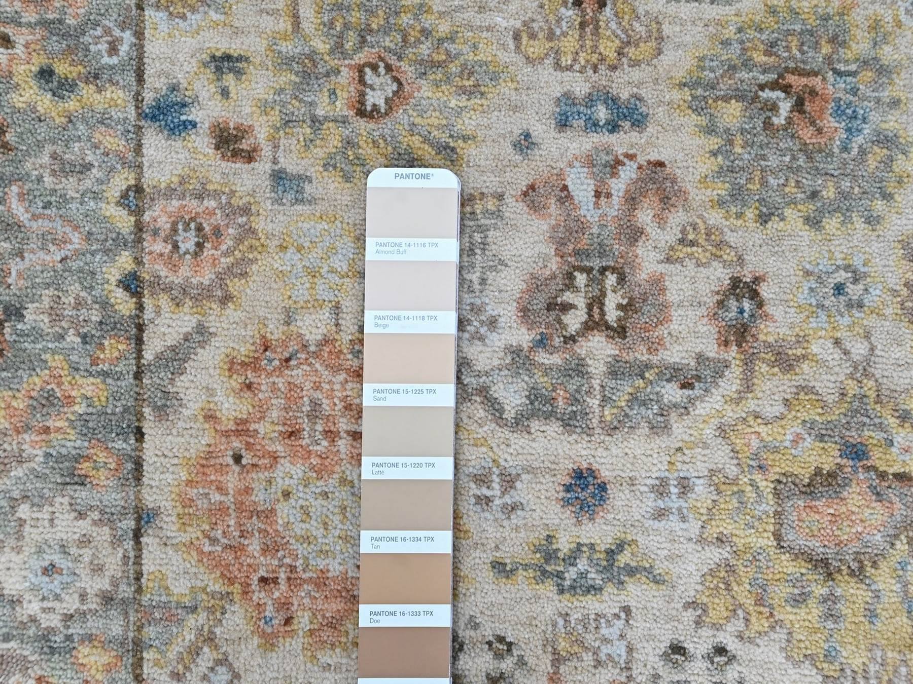 2'x3' Beige, Oushak with All Over Design, Dense Weave, Thick and Plush, Hand Knotted, Pure Wool, Mat, Sample, Oriental Rug HR10363 - Image 3