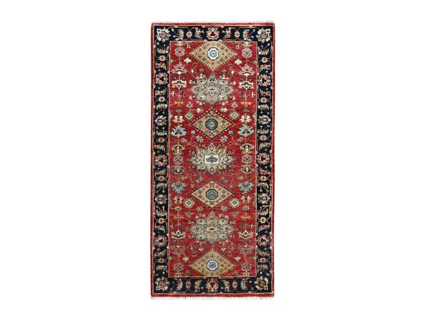 2'7"x6' Crimson Red, Karajeh Design with Geometric Medallions, Hand Knotted, Soft Wool, Runner, Oriental Rug HR10364