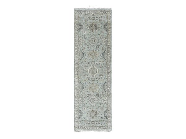 2'5"x8'1" Greenish Gray, Pure Wool, Karajeh with Tribal Medallions Design, Hand Knotted, Runner, Oriental Rug HR10367