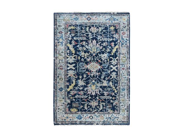 4'x6' Denim Blue, Soft Color Palette, Hand Knotted, 100% Wool, Broken and Erased Persian Heriz All Over Design, Denser Weave, Oriental Rug HR10371