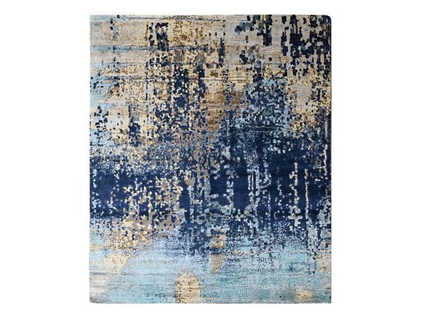 8'x9'8" Shades of Blue with Gold, Modern Mosaic Design, Persian Knot, Denser Weave, Hand Knotted, Wool and Silk, Oriental Rug HR10374
