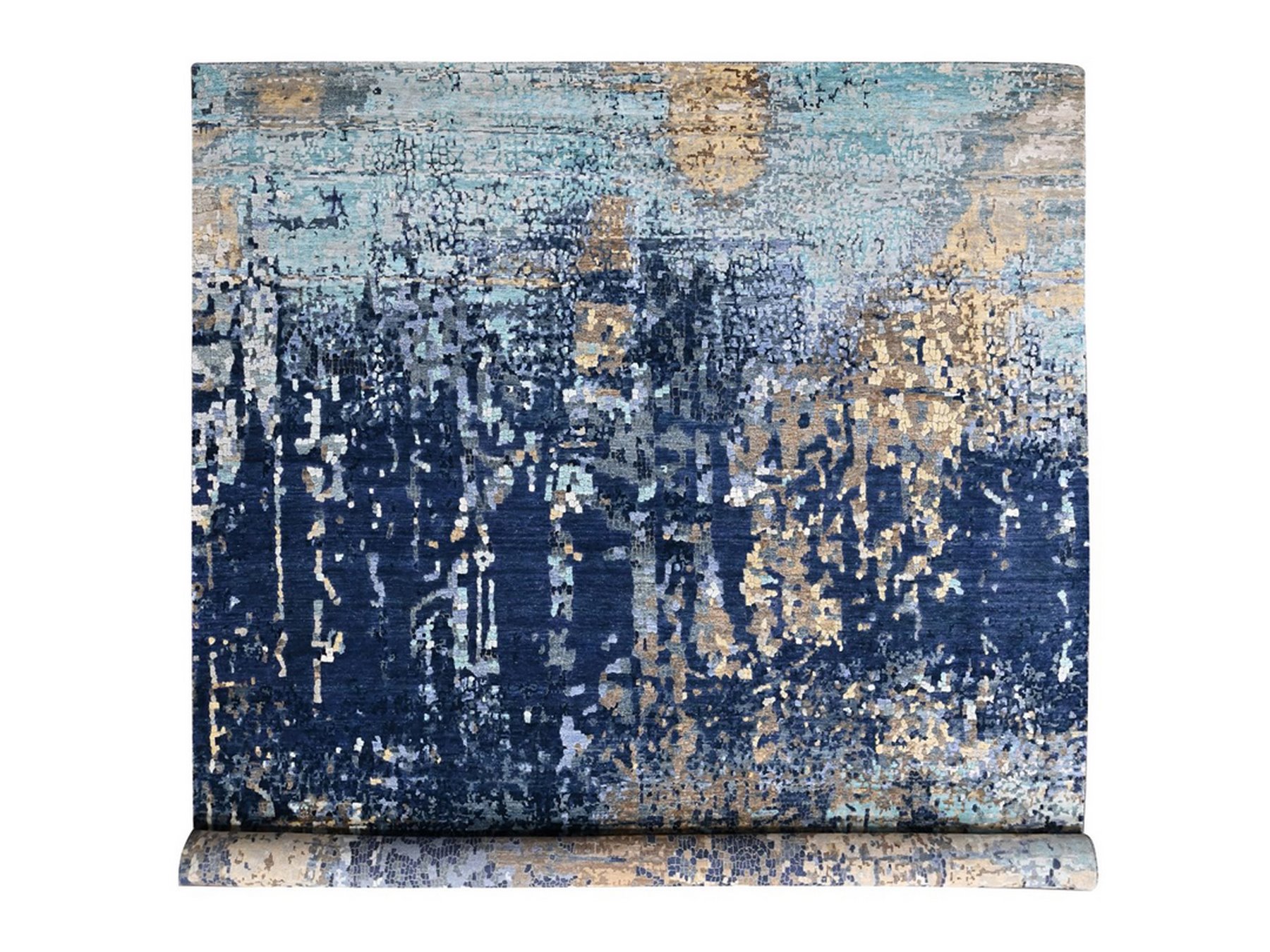 11'10"x14'9" Shades of Blue with Gold, Persian Knot, Modern Mosaic Design, Wool and Silk, Denser Weave, Hand Knotted, Oversized, XL, Oriental Rug HR10375