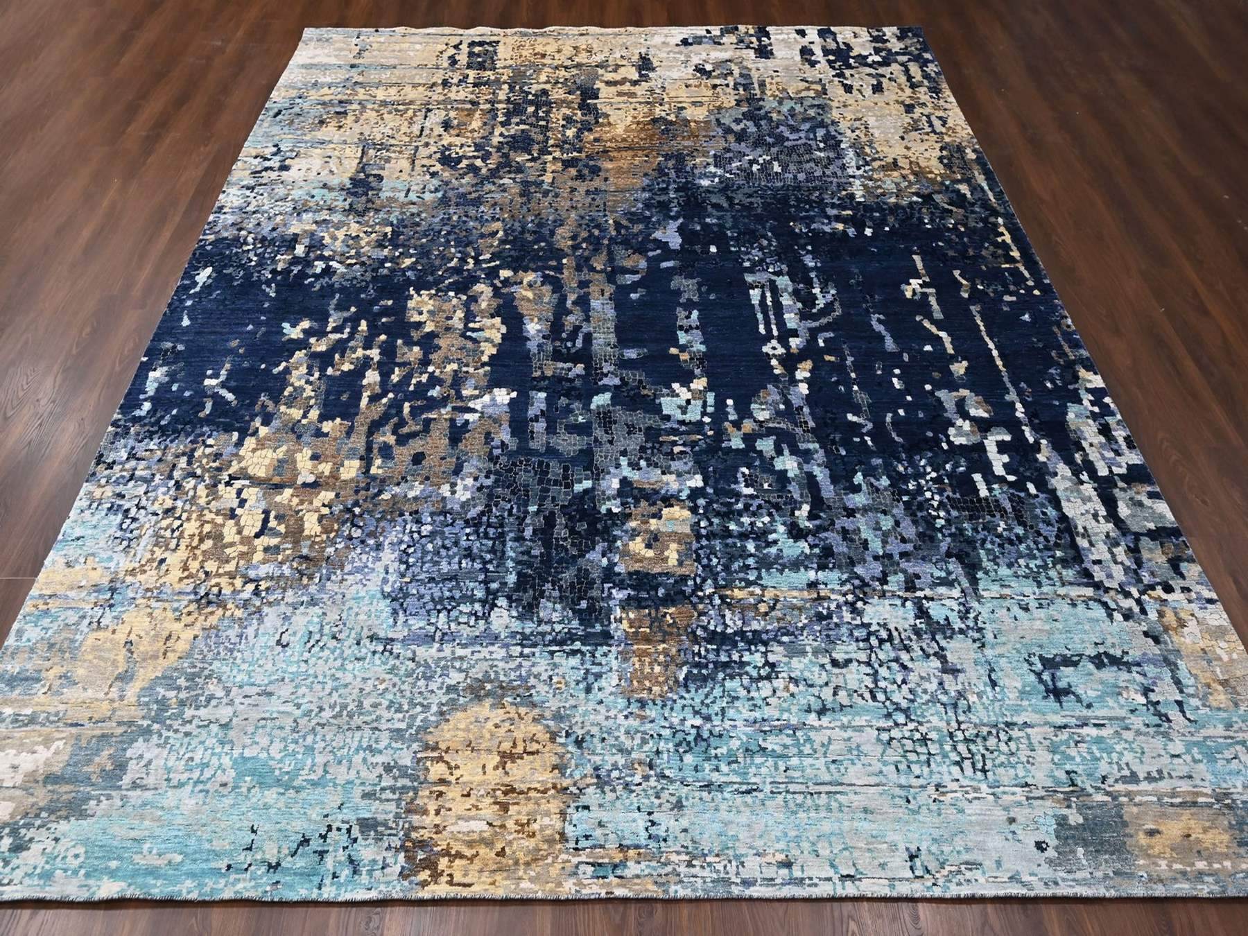 11'10"x14'9" Shades of Blue with Gold, Persian Knot, Modern Mosaic Design, Wool and Silk, Denser Weave, Hand Knotted, Oversized, XL, Oriental Rug HR10375 - Image 2