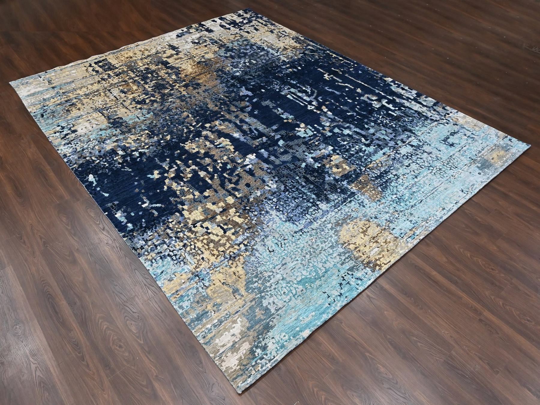 11'10"x14'9" Shades of Blue with Gold, Persian Knot, Modern Mosaic Design, Wool and Silk, Denser Weave, Hand Knotted, Oversized, XL, Oriental Rug HR10375 - Image 3