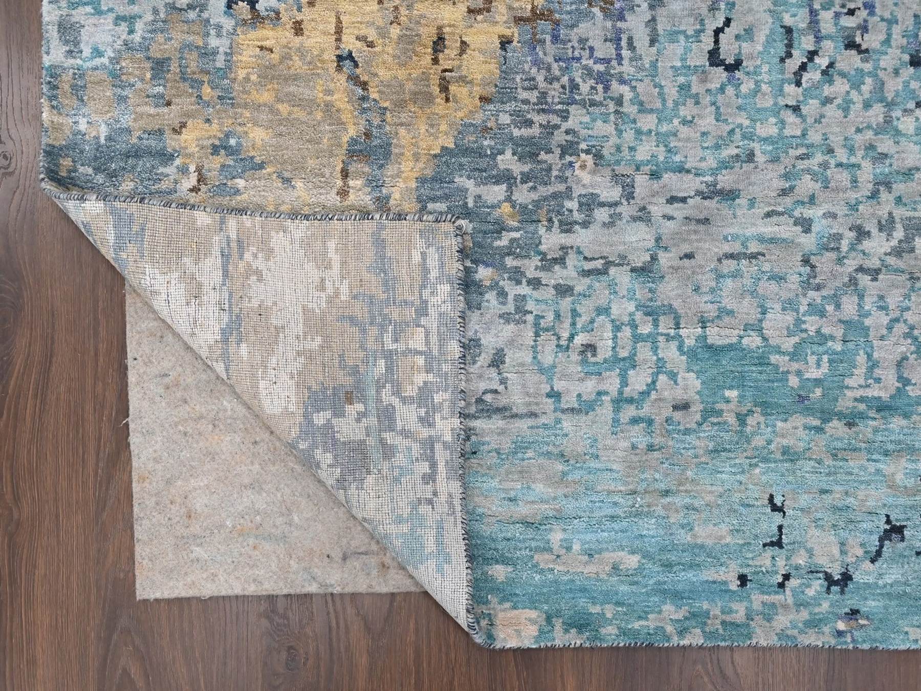 11'10"x14'9" Shades of Blue with Gold, Persian Knot, Modern Mosaic Design, Wool and Silk, Denser Weave, Hand Knotted, Oversized, XL, Oriental Rug HR10375 - Image 4