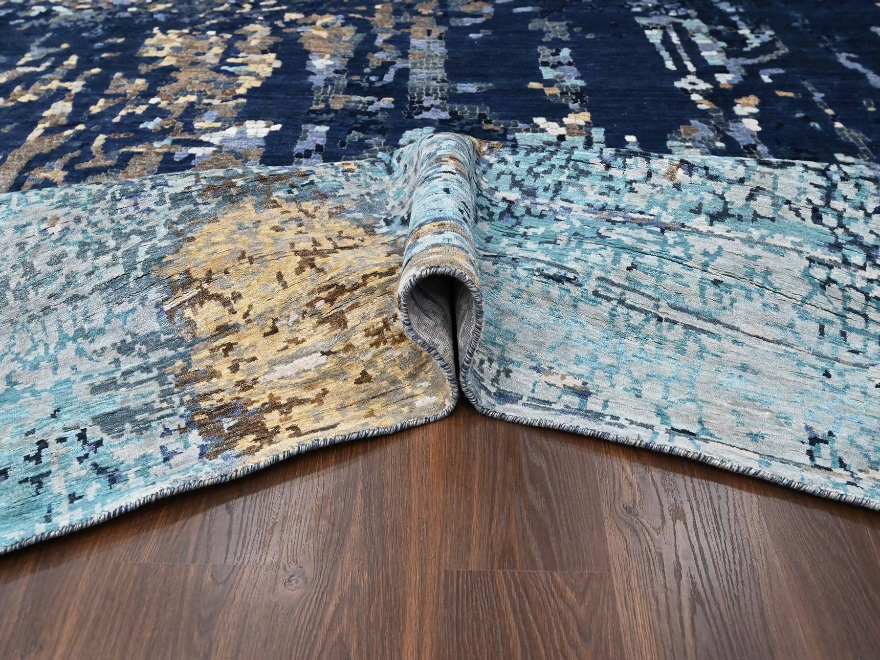 11'10"x14'9" Shades of Blue with Gold, Persian Knot, Modern Mosaic Design, Wool and Silk, Denser Weave, Hand Knotted, Oversized, XL, Oriental Rug HR10375 - Image 5