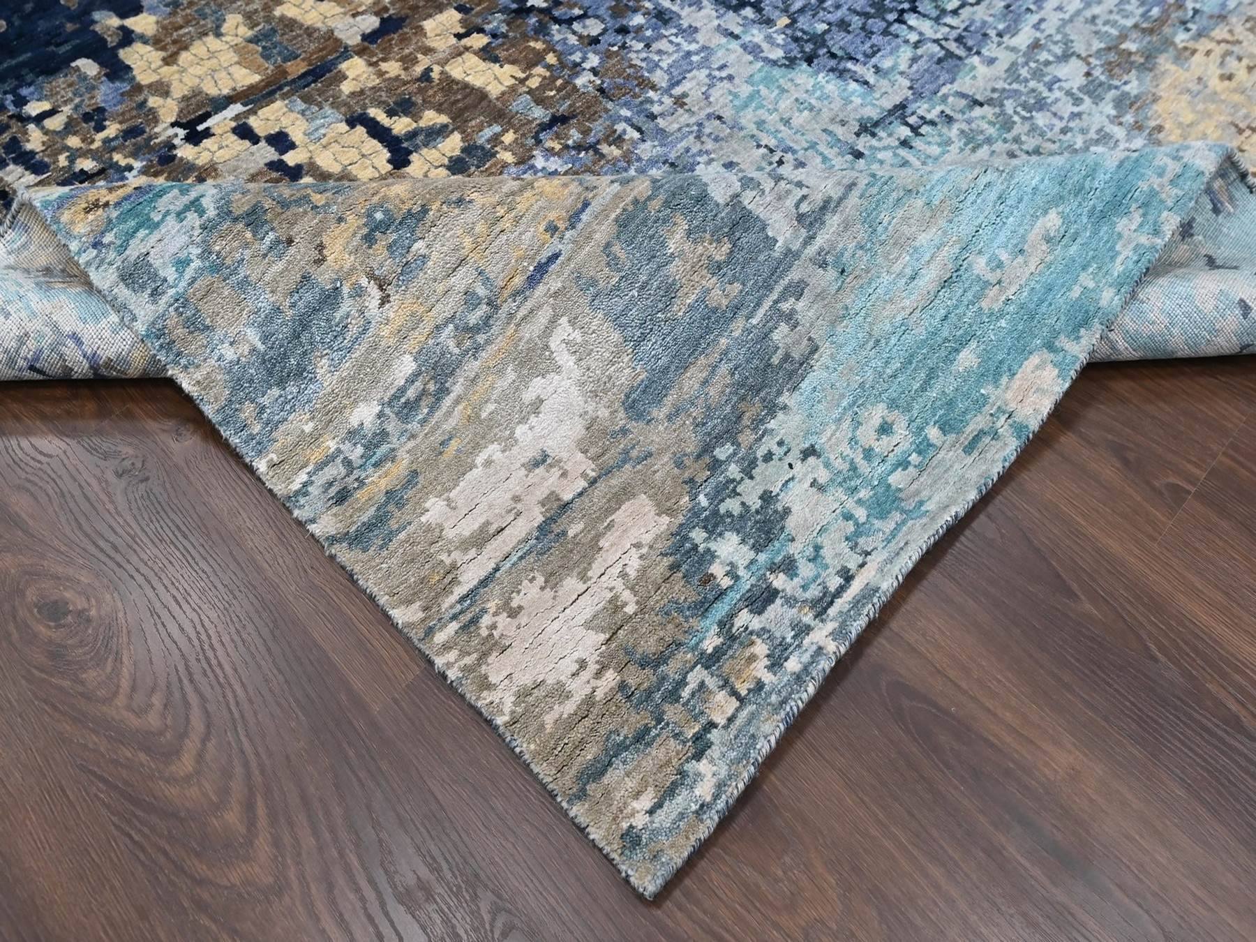 11'10"x14'9" Shades of Blue with Gold, Persian Knot, Modern Mosaic Design, Wool and Silk, Denser Weave, Hand Knotted, Oversized, XL, Oriental Rug HR10375 - Image 6
