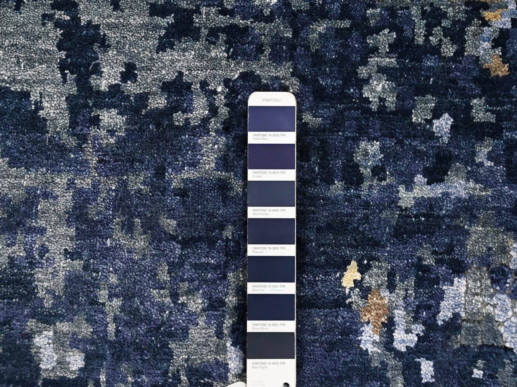11'10"x14'9" Shades of Blue with Gold, Persian Knot, Modern Mosaic Design, Wool and Silk, Denser Weave, Hand Knotted, Oversized, XL, Oriental Rug HR10375 - Image 7