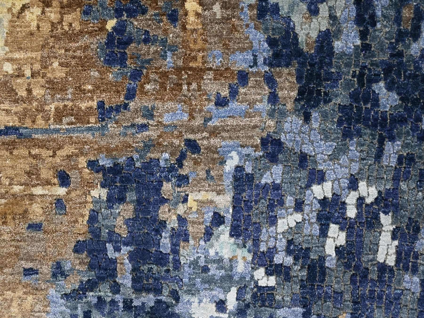 11'10"x14'9" Shades of Blue with Gold, Persian Knot, Modern Mosaic Design, Wool and Silk, Denser Weave, Hand Knotted, Oversized, XL, Oriental Rug HR10375 - Image 8