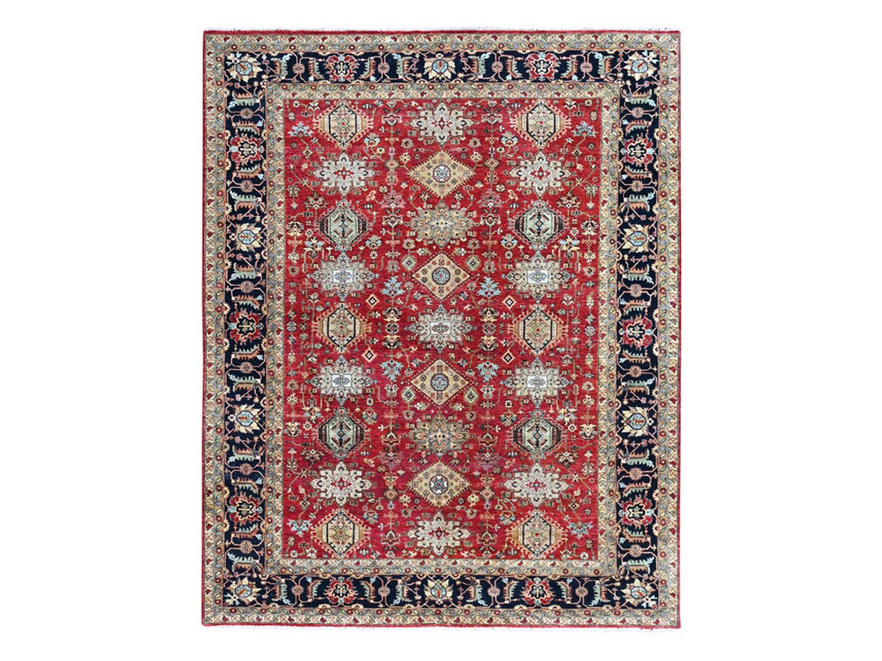 9'2"x12'1" Crimson Red, Soft Wool, Karajeh Design with Geometric Medallions, Hand Knotted, Oriental Rug HR10377
