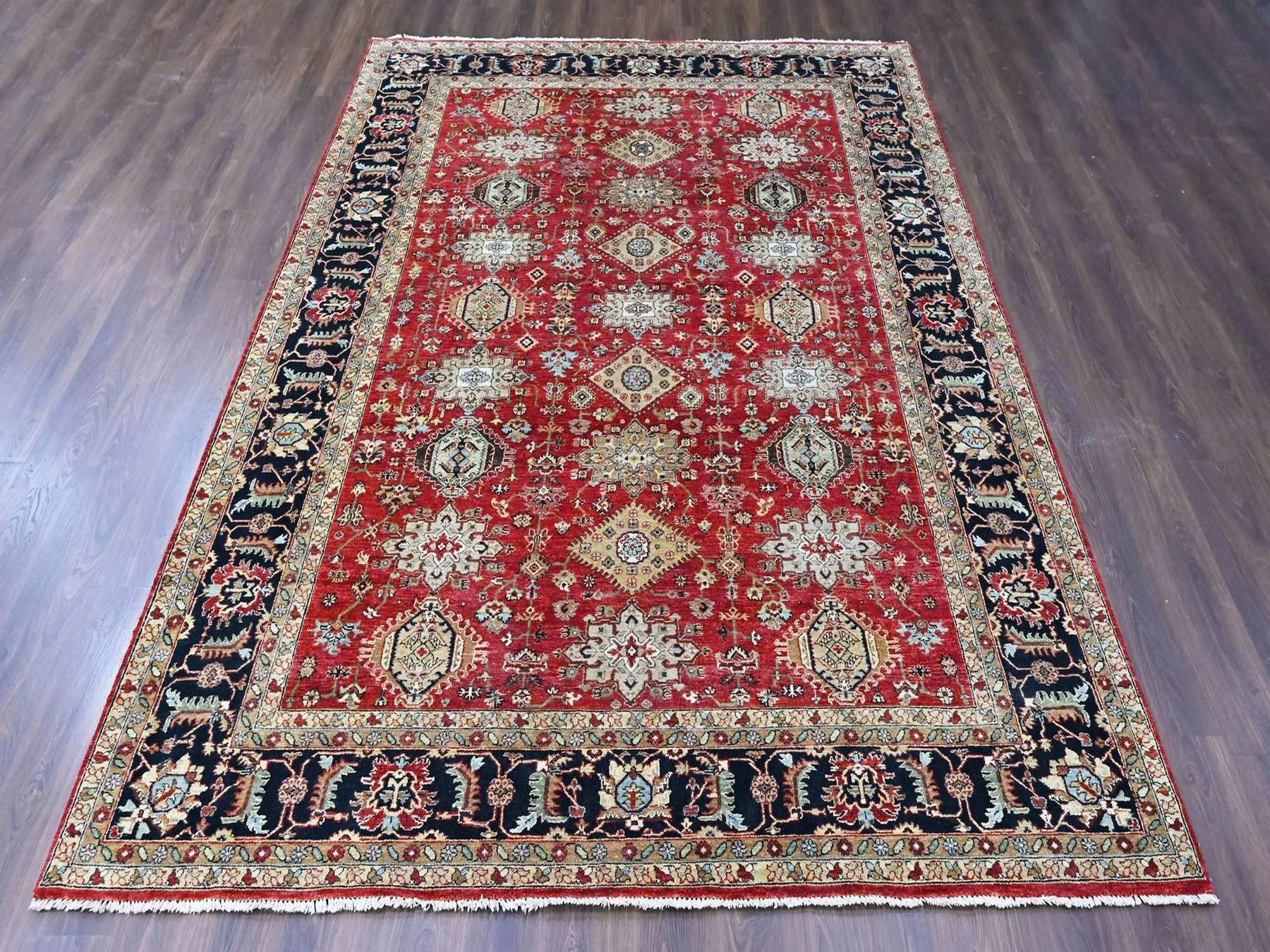 9'2"x12'1" Crimson Red, Soft Wool, Karajeh Design with Geometric Medallions, Hand Knotted, Oriental Rug HR10377 - Image 2