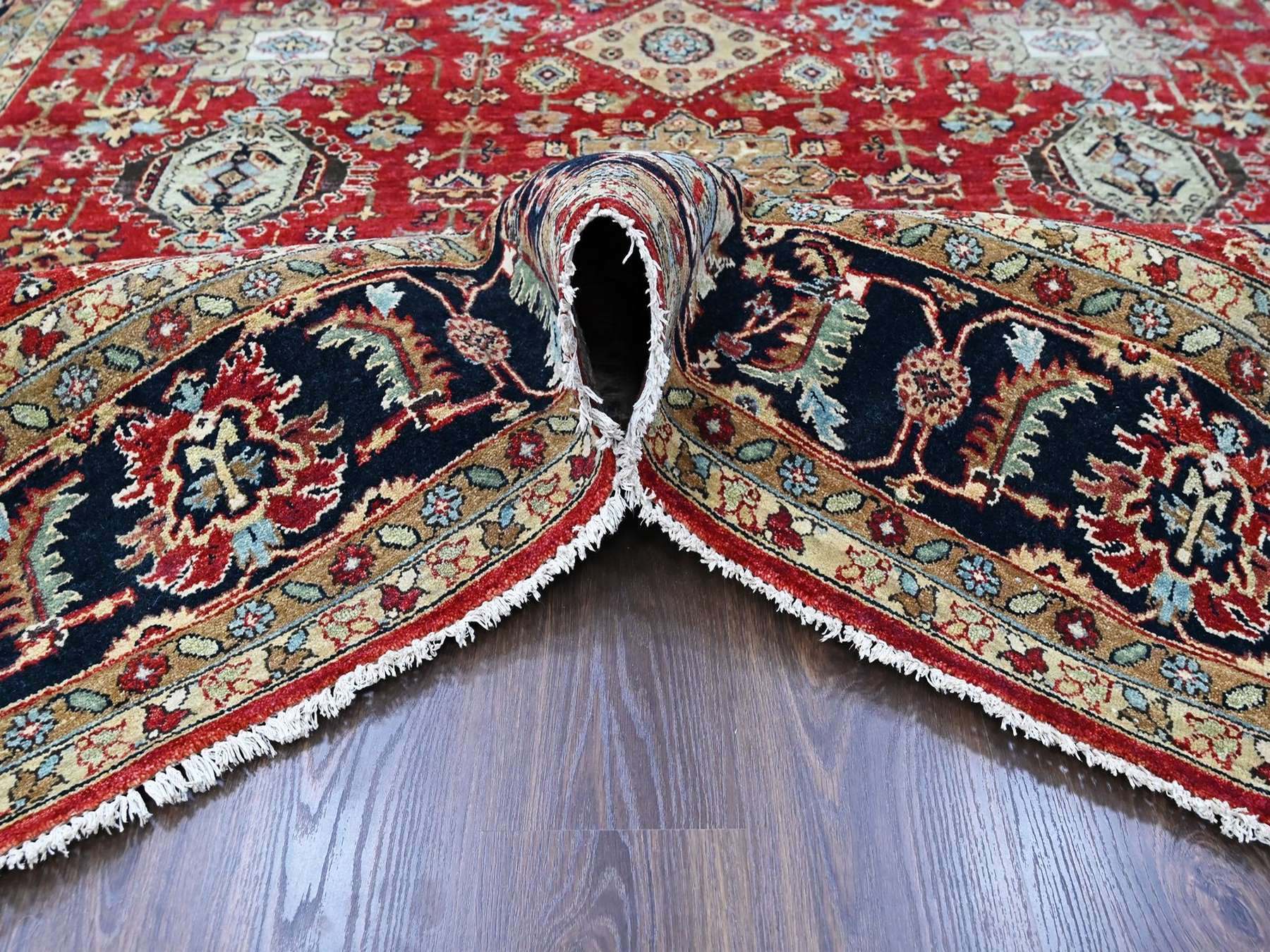 9'2"x12'1" Crimson Red, Soft Wool, Karajeh Design with Geometric Medallions, Hand Knotted, Oriental Rug HR10377 - Image 5
