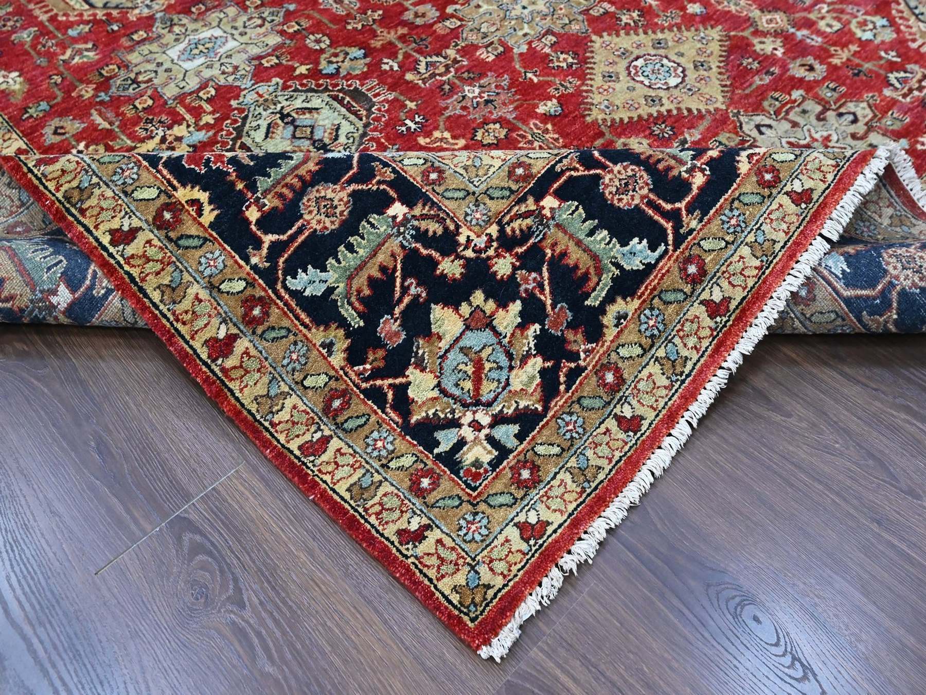 9'2"x12'1" Crimson Red, Soft Wool, Karajeh Design with Geometric Medallions, Hand Knotted, Oriental Rug HR10377 - Image 6