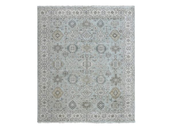 8'x9'9" Greenish Gray, Hand Knotted, Pure Wool, Karajeh with Tribal Medallions Design, Oriental Rug HR10378