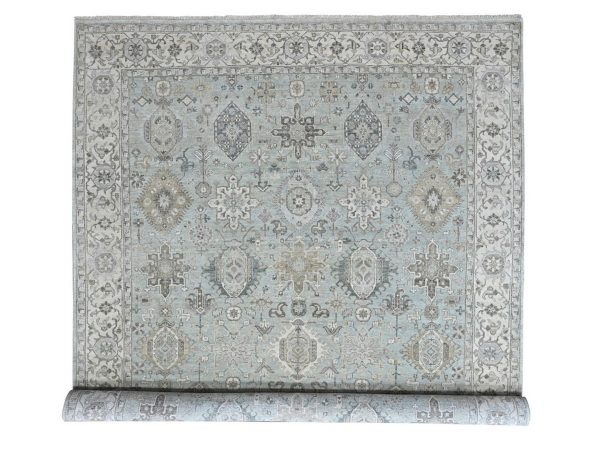 9'10"x13'9" Greenish Gray, Hand Knotted, Pure Wool, Karajeh with Geometric Medallions Design, Oriental Rug HR10380
