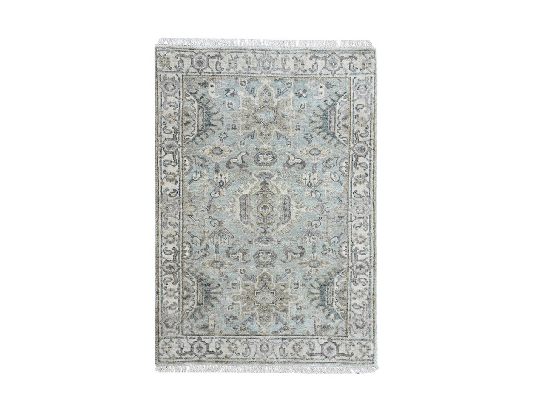 2'x3' Greenish Gray, Pure Wool, Karajeh with Tribal Medallions Design, Hand Knotted, Mat, Sample, Oriental Rug HR10386