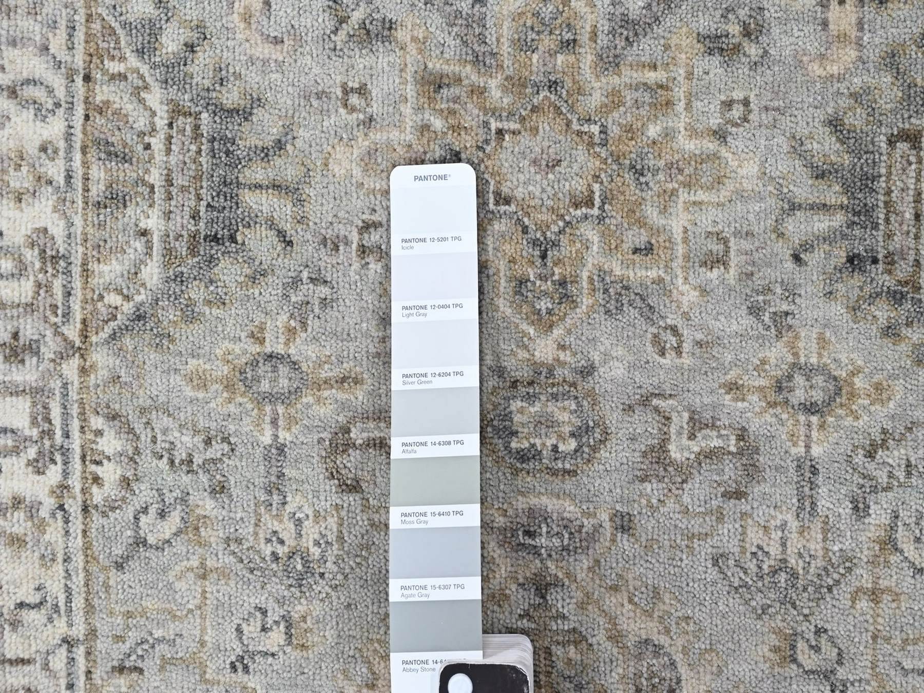 2'x3' Greenish Gray, Pure Wool, Karajeh with Tribal Medallions Design, Hand Knotted, Mat, Sample, Oriental Rug HR10386 - Image 3