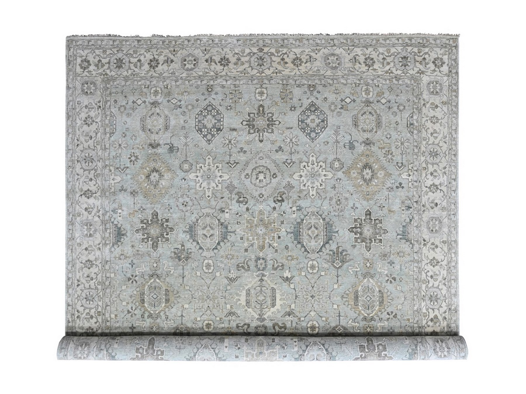11'10"x14'9" Greenish Gray, Pure Wool, Karajeh with Geometric Medallions Design, Hand Knotted, Oversized, XL, Oriental Rug HR10388