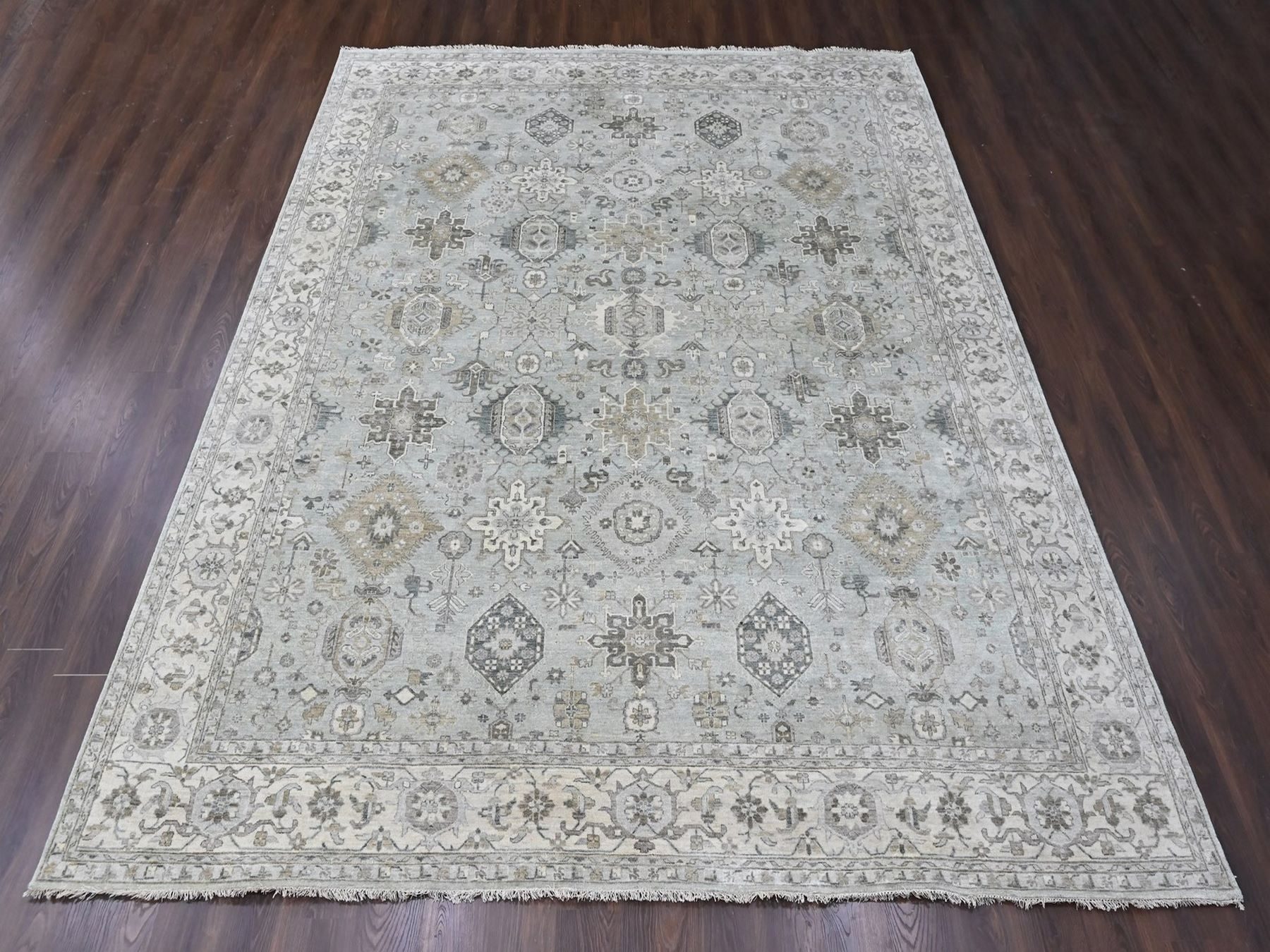 11'10"x14'9" Greenish Gray, Pure Wool, Karajeh with Geometric Medallions Design, Hand Knotted, Oversized, XL, Oriental Rug HR10388 - Image 2
