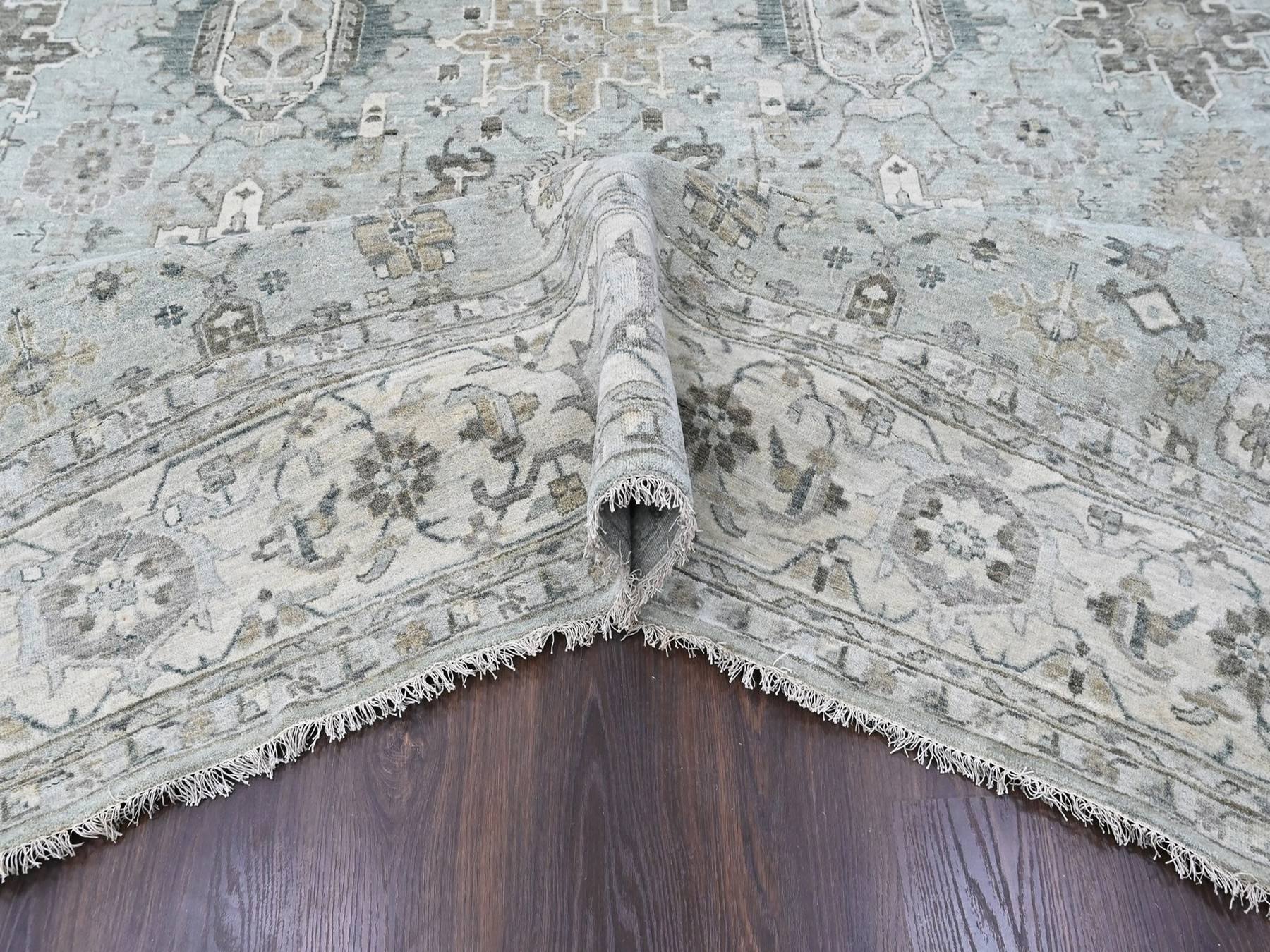 11'10"x14'9" Greenish Gray, Pure Wool, Karajeh with Geometric Medallions Design, Hand Knotted, Oversized, XL, Oriental Rug HR10388 - Image 5
