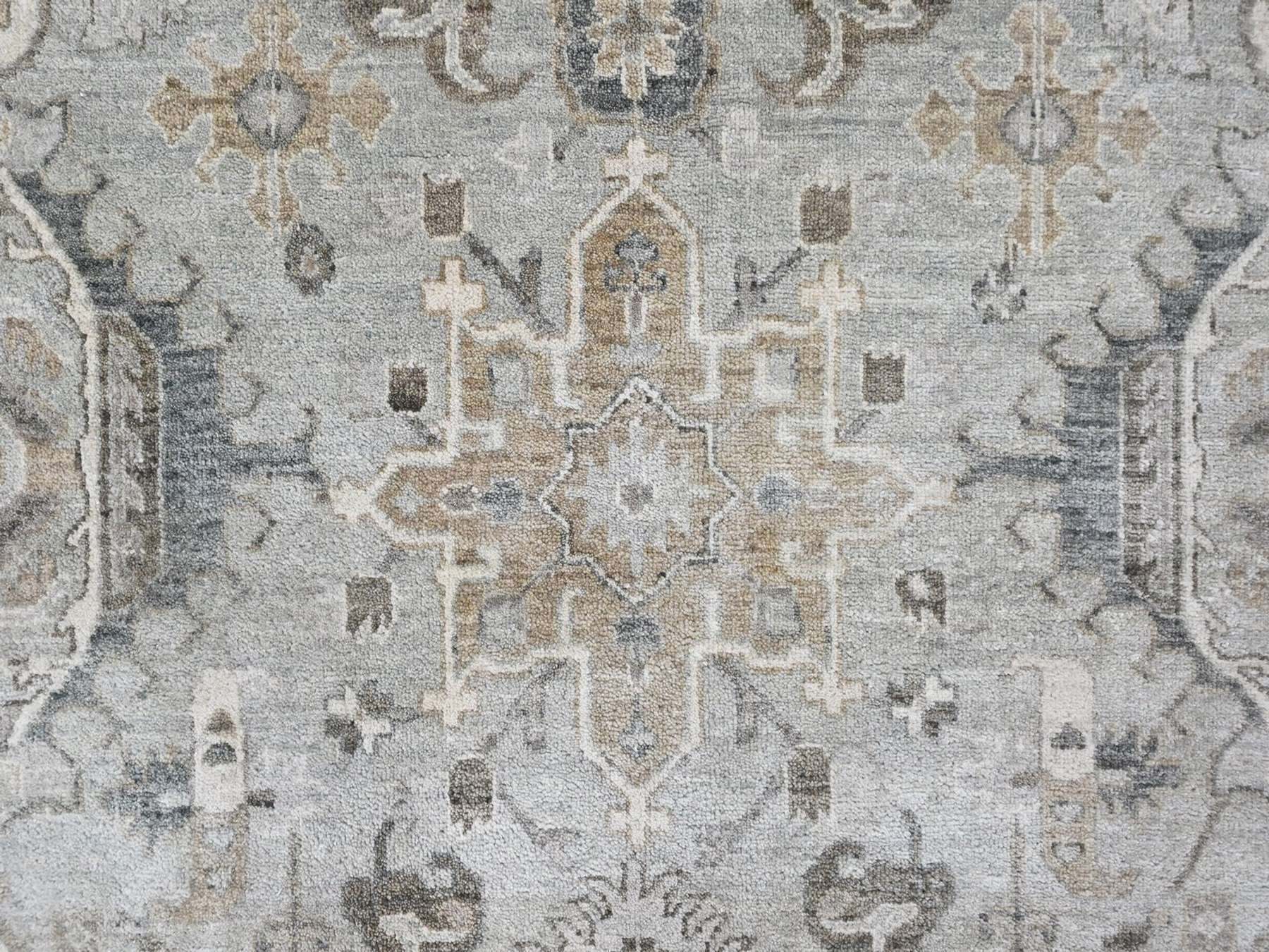 11'10"x14'9" Greenish Gray, Pure Wool, Karajeh with Geometric Medallions Design, Hand Knotted, Oversized, XL, Oriental Rug HR10388 - Image 8