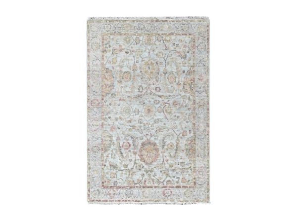 4'x6' Light Gray, Zero Pile, Distressed, Ziegler Mahal Design, Pure Wool, Hand Knotted, Oriental Rug HR10390