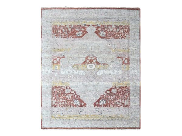 8'1"x10' Irish Cream White with Red and Gold, Hand Knotted, Ziegler Mahal with Medallion Design, Zero Pile, Distressed, Distinct Abrash, Pure Wool, Oriental Rug HR10394