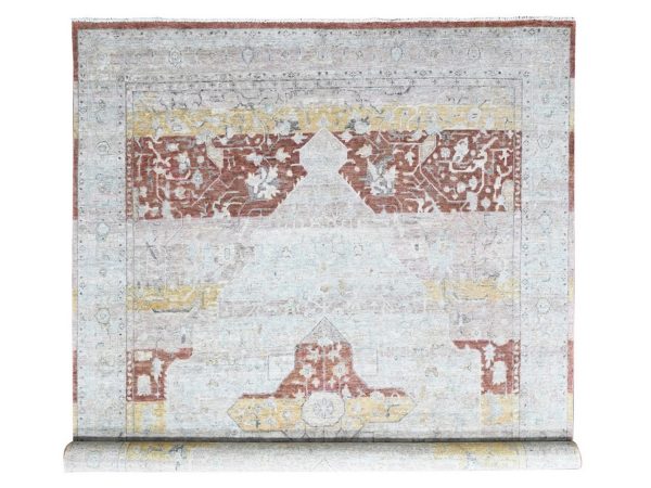 9'10"x14' Irish Cream White, Ziegler Mahal with Medallion Design, Zero Pile, Distressed, Distinct Abrash, Pure Wool, Hand Knotted, Oriental Rug HR10396