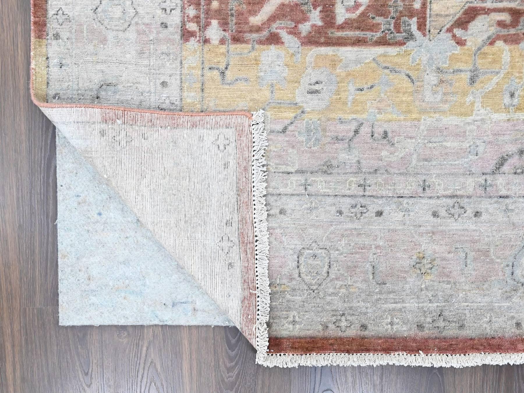 9'10"x14' Irish Cream White, Ziegler Mahal with Medallion Design, Zero Pile, Distressed, Distinct Abrash, Pure Wool, Hand Knotted, Oriental Rug HR10396 - Image 4