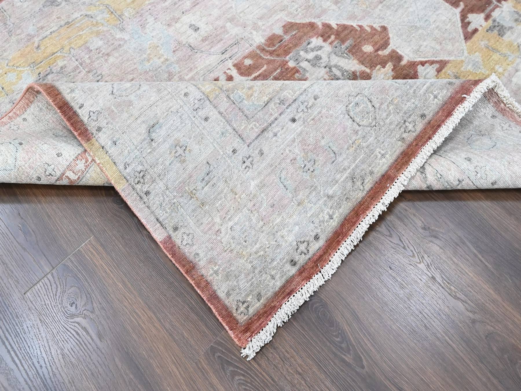 9'10"x14' Irish Cream White, Ziegler Mahal with Medallion Design, Zero Pile, Distressed, Distinct Abrash, Pure Wool, Hand Knotted, Oriental Rug HR10396 - Image 6