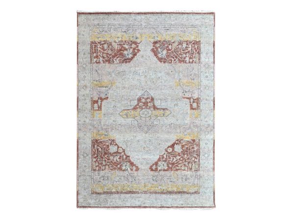 6'x9'1" Irish Cream White with Red, Ziegler Mahal with Medallion Design, Zero Pile, Distressed, Distinct Abrash, Hand Knotted, Pure Wool, Oriental Rug HR10402