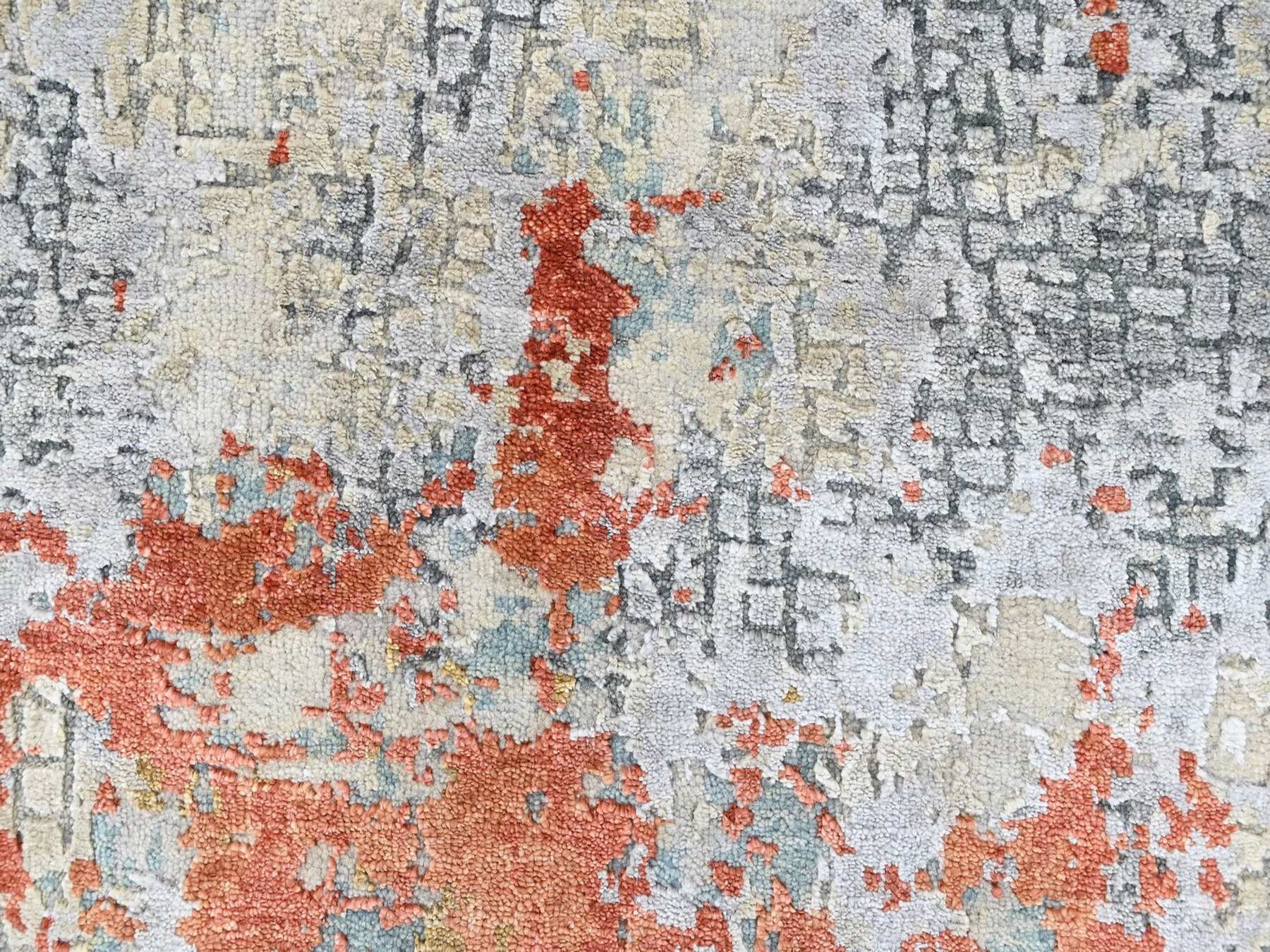2'x2'9" Burnt Orange with Cloud Gray, Abstract with Fire Mosaic Design, Wool and Silk, Hand Knotted, Mat, Sample, Oriental Rug HR10403 - Image 4