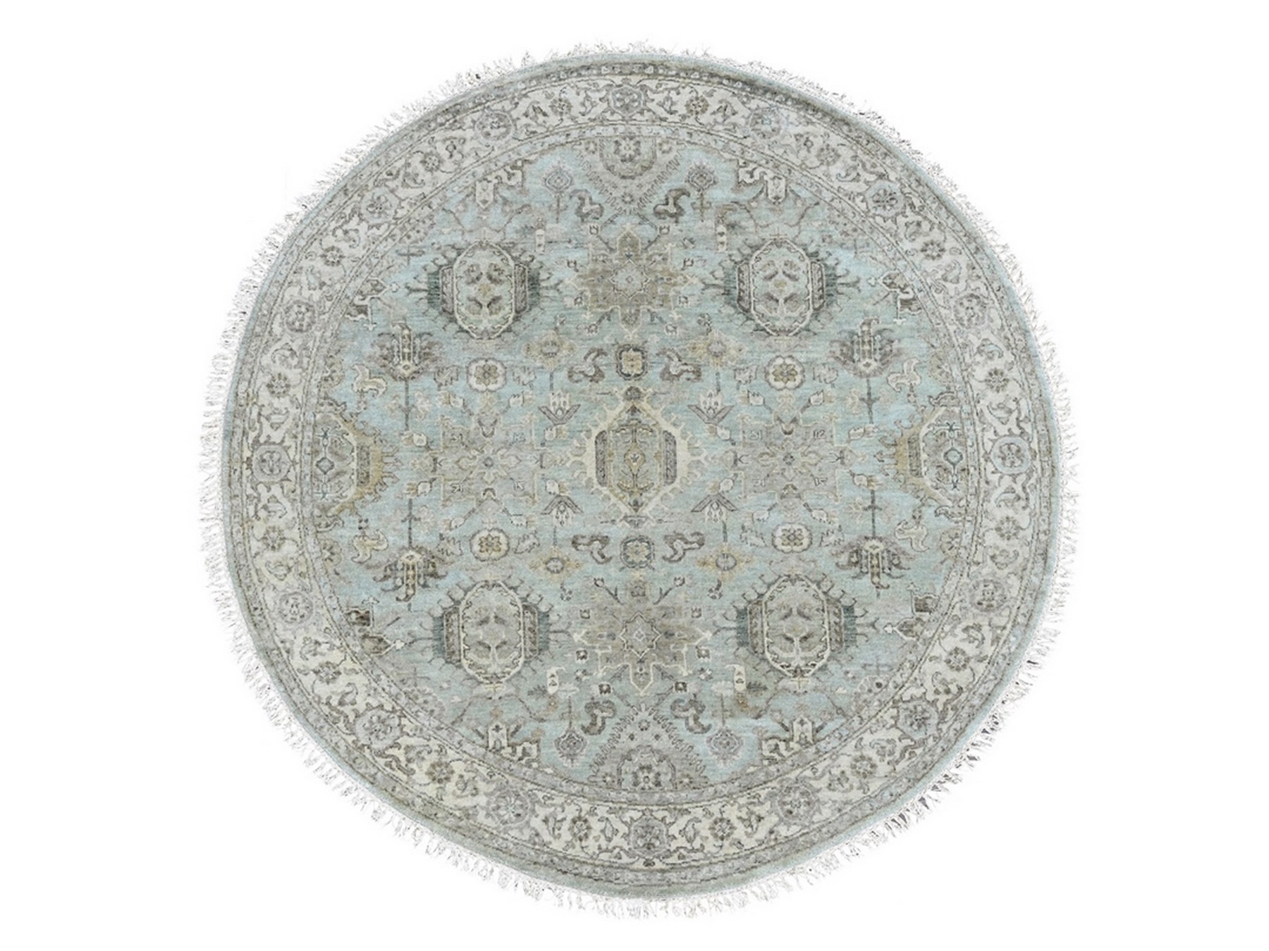 6'x6' Greenish Gray, Hand Knotted, 100% Wool, Karajeh Design with Geometric Medallions, Round, Oriental Rug HR10409