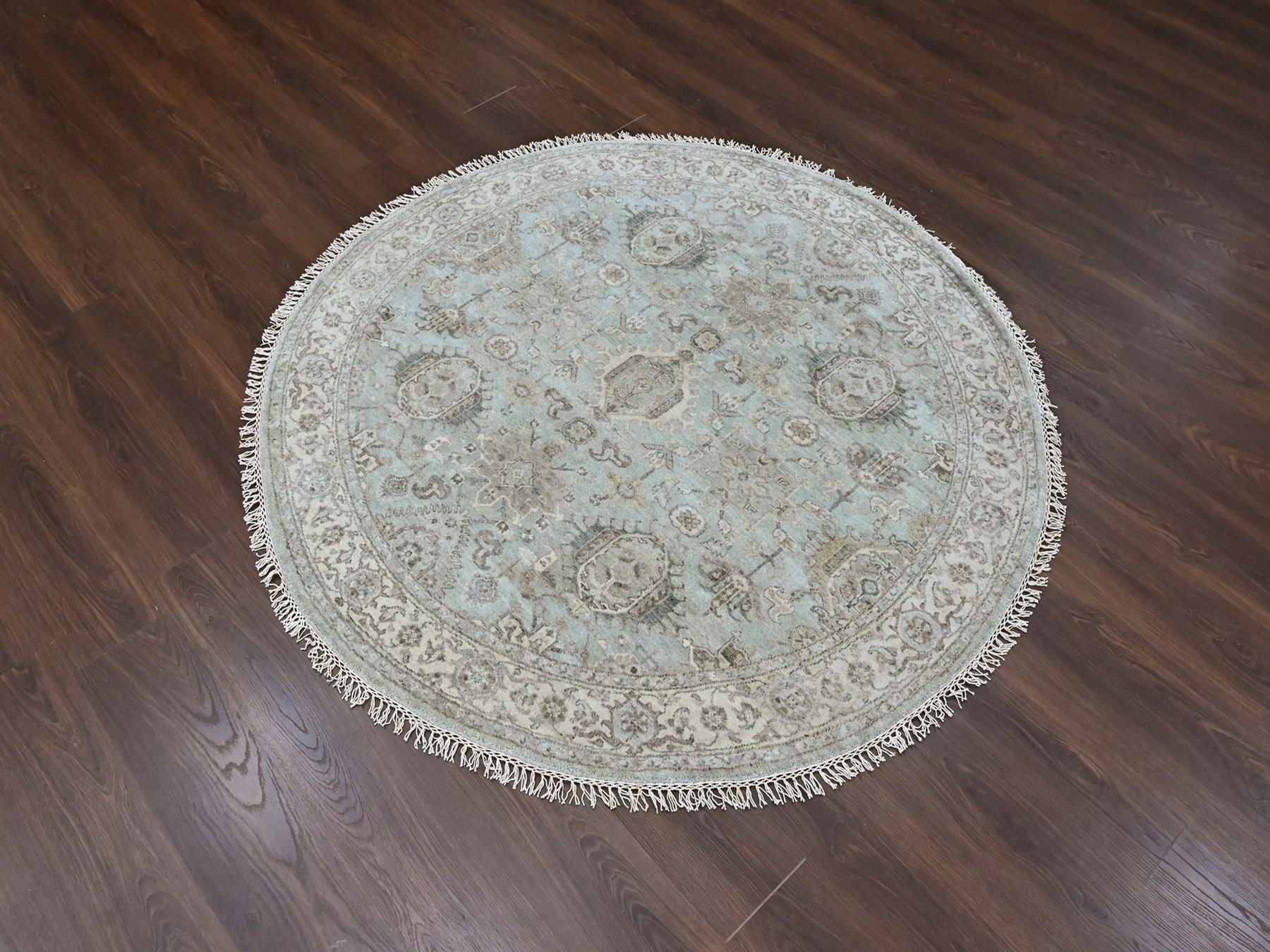 6'x6' Greenish Gray, Hand Knotted, 100% Wool, Karajeh Design with Geometric Medallions, Round, Oriental Rug HR10409 - Image 2