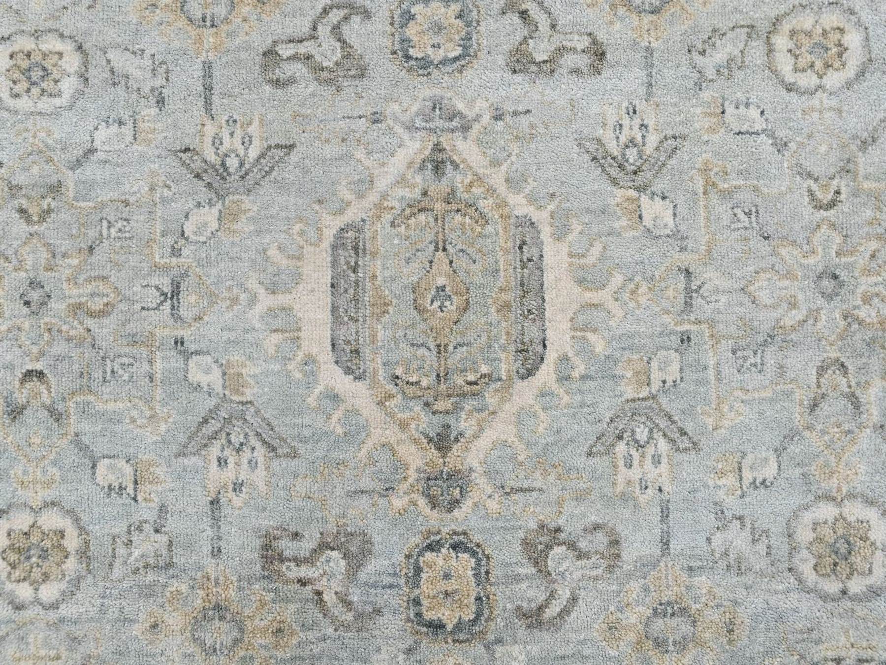 6'x6' Greenish Gray, Hand Knotted, 100% Wool, Karajeh Design with Geometric Medallions, Round, Oriental Rug HR10409 - Image 5
