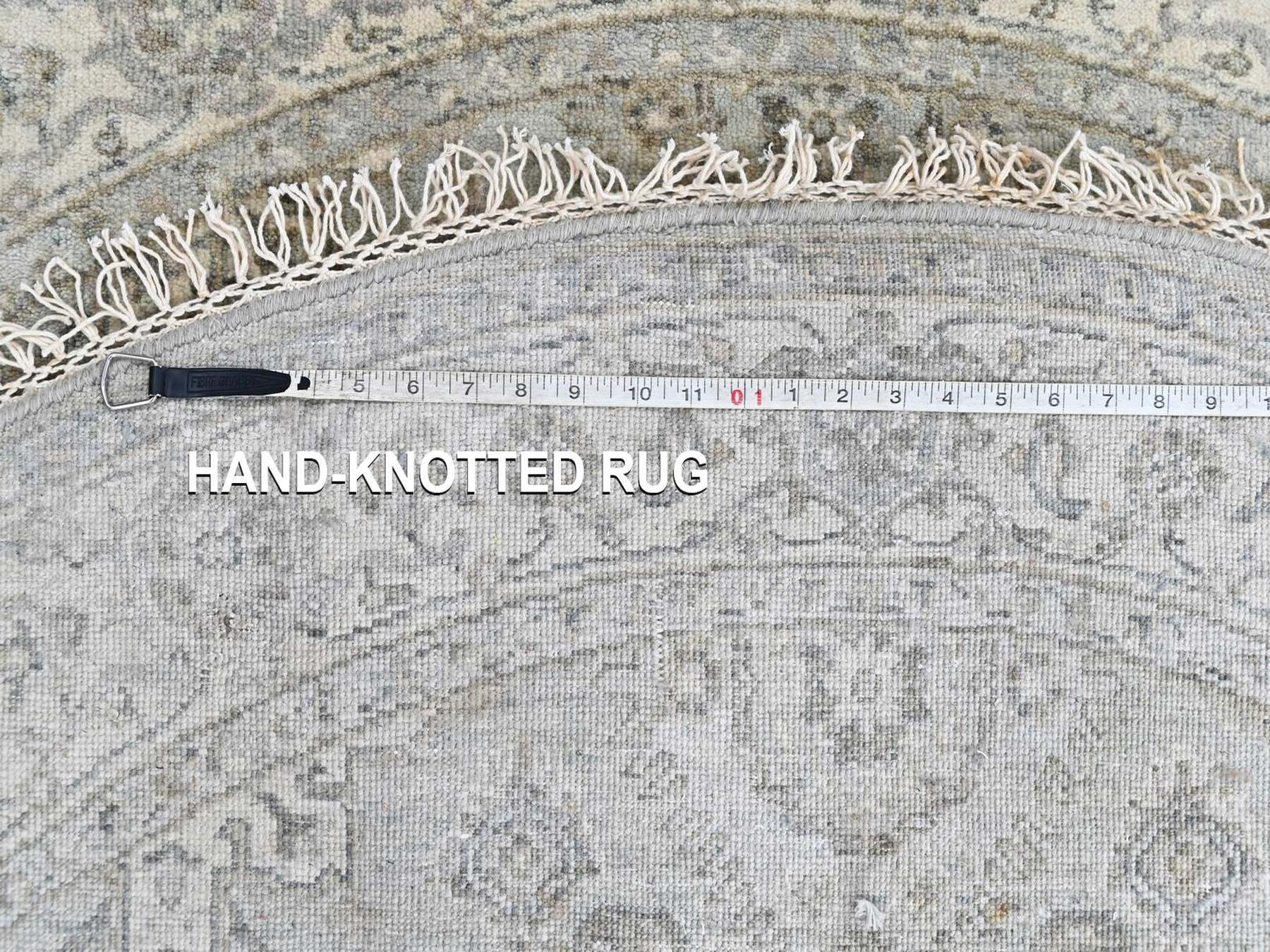 6'x6' Greenish Gray, Hand Knotted, 100% Wool, Karajeh Design with Geometric Medallions, Round, Oriental Rug HR10409 - Image 8