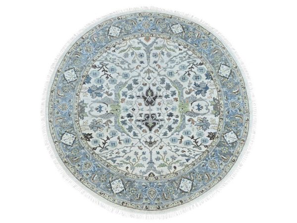 7'x7' Oyster Gray, Denser Weave, Oushak with Floral Motifs, Hand Knotted, Soft Pile, Pure Wool, Round, Oriental Rug HR10414