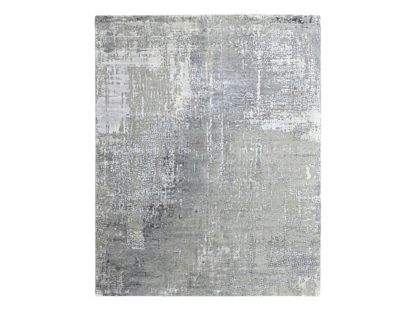 8'x9'9" Silver Gray, Wool and Silk, Modern Abstract with Mosaic Design, Hand Knotted, Persian Knot, Densely Woven, Oriental Rug HR10439