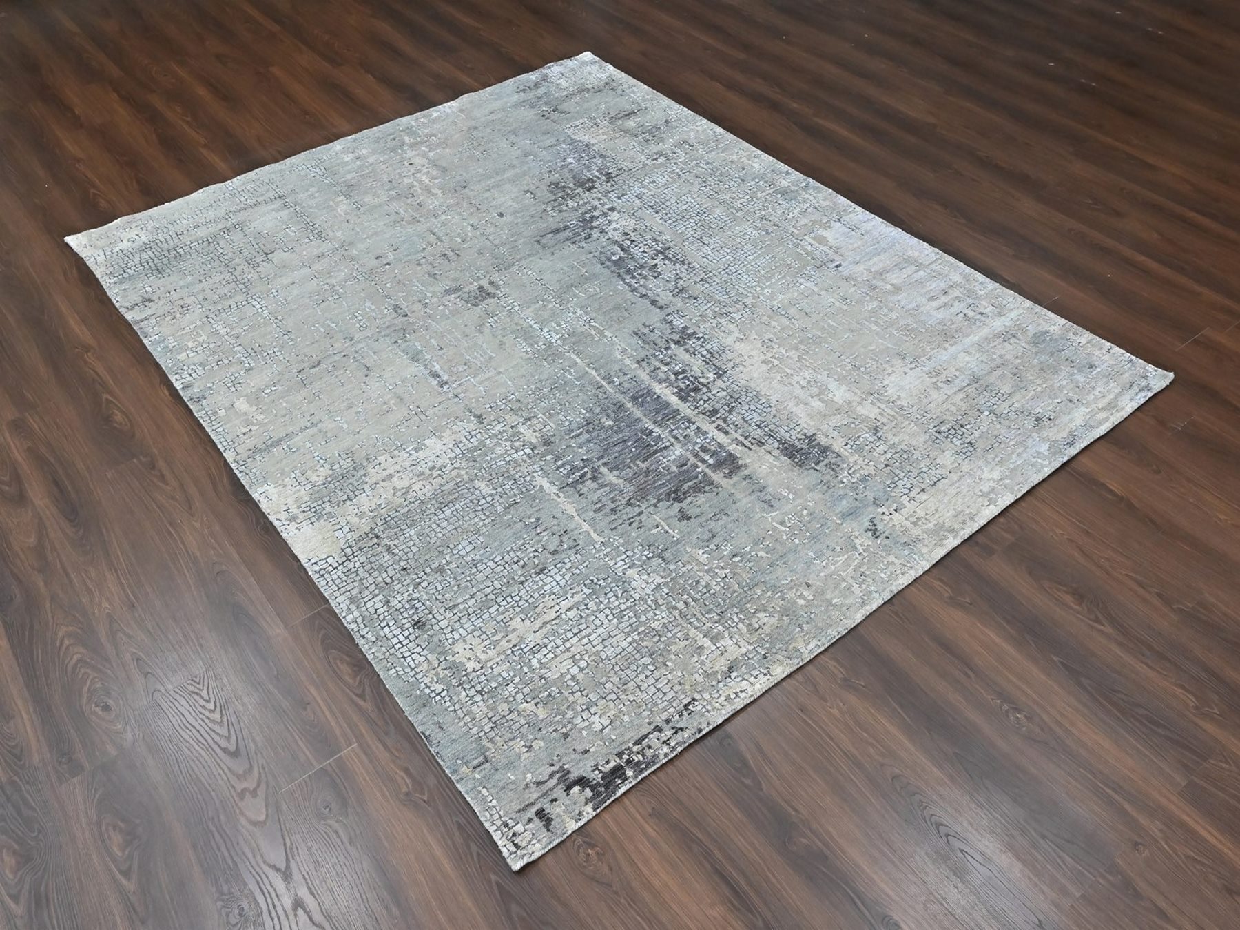 8'x9'9" Silver Gray, Wool and Silk, Modern Abstract with Mosaic Design, Hand Knotted, Persian Knot, Densely Woven, Oriental Rug HR10439 - Image 3