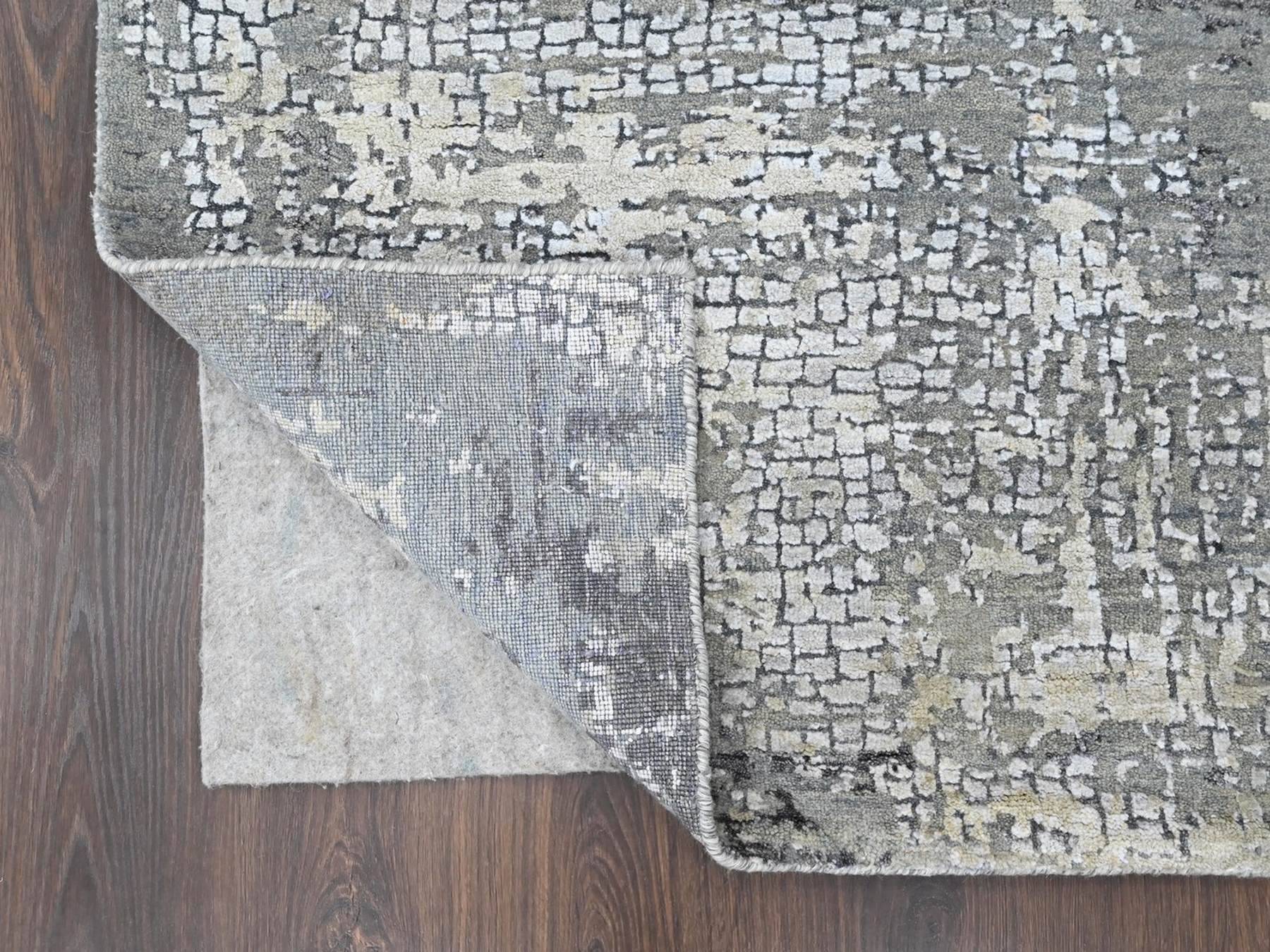 8'x9'9" Silver Gray, Wool and Silk, Modern Abstract with Mosaic Design, Hand Knotted, Persian Knot, Densely Woven, Oriental Rug HR10439 - Image 4