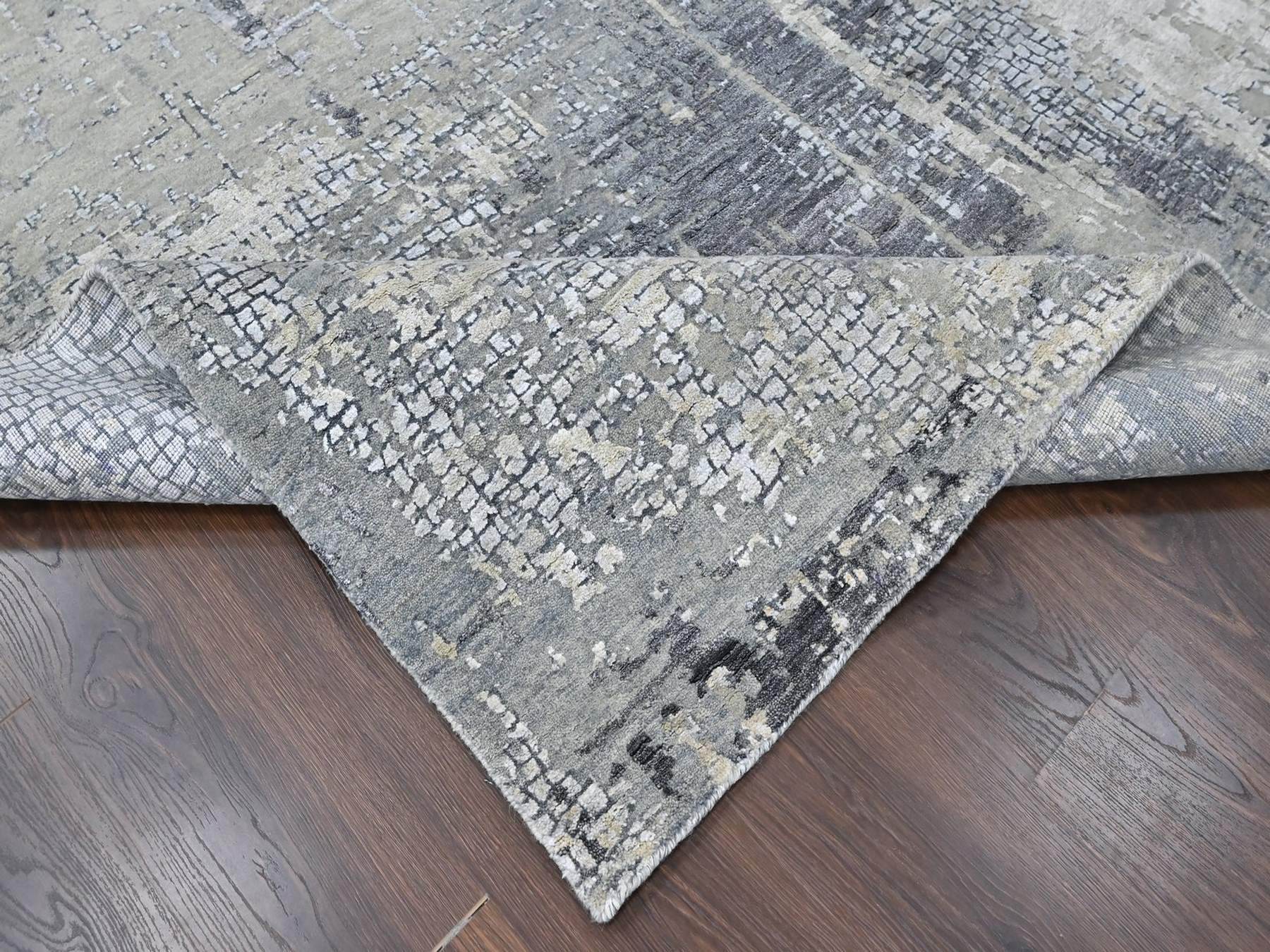 8'x9'9" Silver Gray, Wool and Silk, Modern Abstract with Mosaic Design, Hand Knotted, Persian Knot, Densely Woven, Oriental Rug HR10439 - Image 6