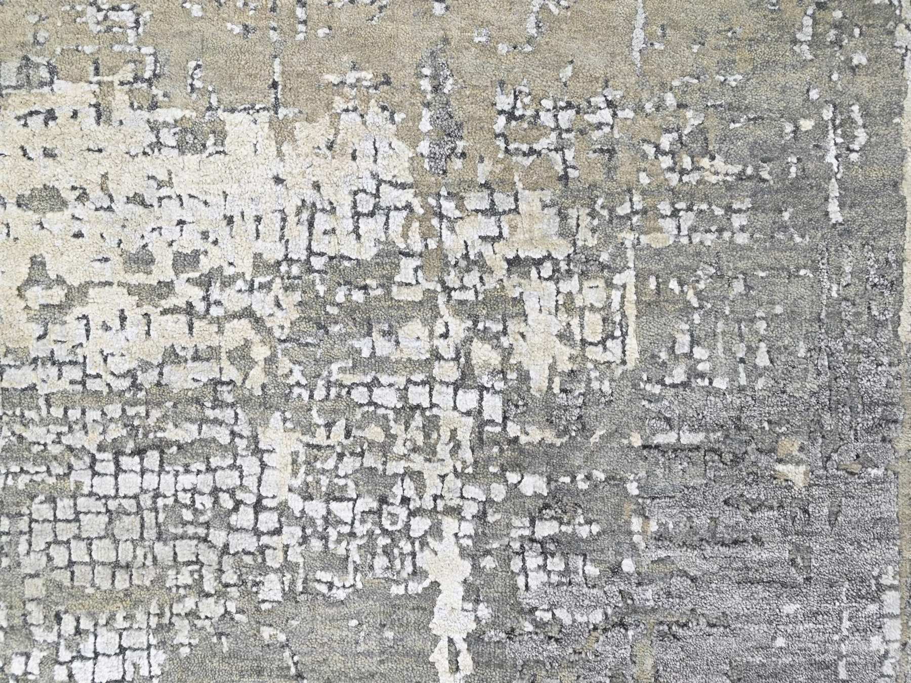 8'x9'9" Silver Gray, Wool and Silk, Modern Abstract with Mosaic Design, Hand Knotted, Persian Knot, Densely Woven, Oriental Rug HR10439 - Image 8