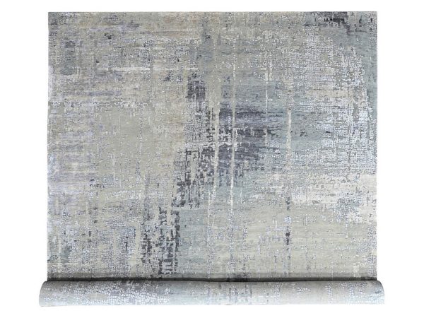 11'10"x14'9" Silver Gray, Hand Knotted, Persian Knot, Wool and Silk, Densely Woven, Modern Abstract with Mosaic Design, Oversized, XL, Oriental Rug HR10440