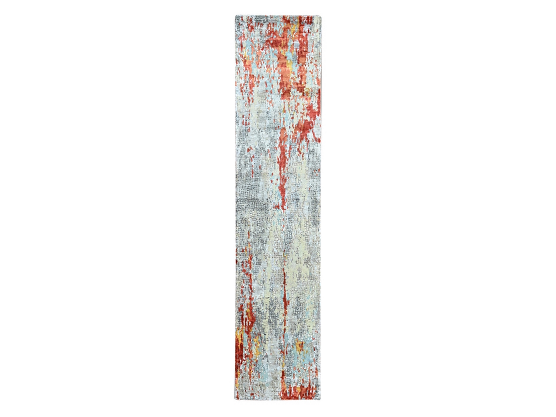 2'6"x12' Burnt Orange with Cloud Gray, Hand Knotted, Wool and Silk, Abstract with Fire Mosaic Design, Runner, Oriental Rug HR10442
