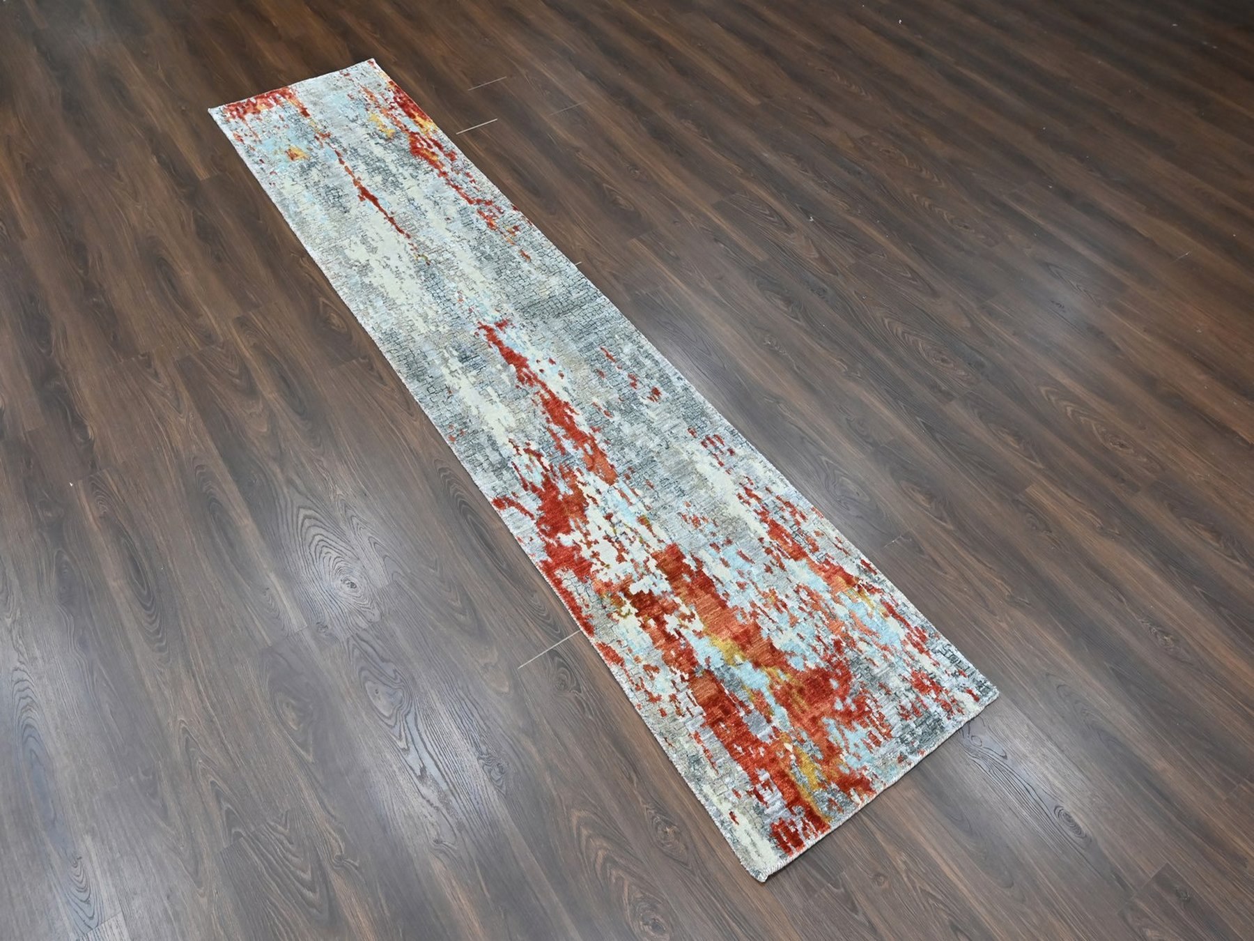 2'6"x12' Burnt Orange with Cloud Gray, Hand Knotted, Wool and Silk, Abstract with Fire Mosaic Design, Runner, Oriental Rug HR10442 - Image 2